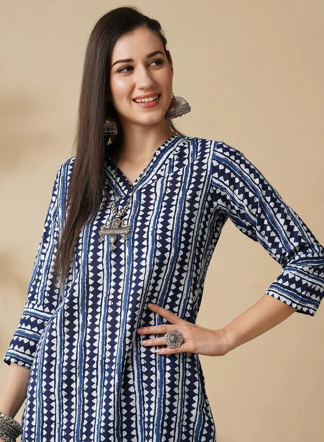 Globus  Women Blue Geometric Stripe Printed Straight Kurta and Pants Set for Women | Best Price UAE